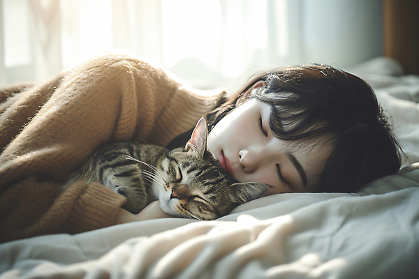 JPG 편집이미지 여자 여유 침구 휴식 한명 성인 눕기 햇빛 눈감음 고양이 이불 잠 편안함 디지털합성 낮잠 성인여자한명만 편집실사 AI인물포토 AI콘텐츠 1 감정 컨셉 포유류 모션 사람 반려동물 태양 감각 CG 여자한명만 성인여자만 파일형식 AI포토