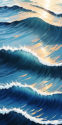 JPG 물결 파도 바다 일러스트 자연 사람없음 물 파란색 반짝임 햇빛 분위기 국내일러스트 AI일러스트 AI콘텐츠 자연요소 컬러 컨셉 모션 태양 생태계 파일형식