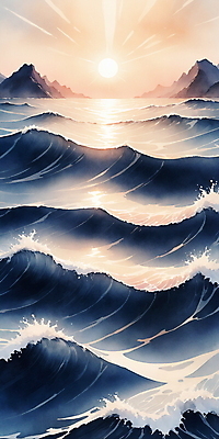 JPG 물결 파도 바다 일러스트 자연 사람없음 물 파란색 반짝임 햇빛 분위기 국내일러스트 AI일러스트 AI콘텐츠 자연요소 컬러 컨셉 모션 태양 생태계 파일형식