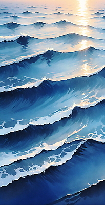 JPG 물결 파도 바다 일러스트 자연 사람없음 물 파란색 반짝임 햇빛 분위기 국내일러스트 AI일러스트 AI콘텐츠 자연요소 컬러 컨셉 모션 태양 생태계 파일형식