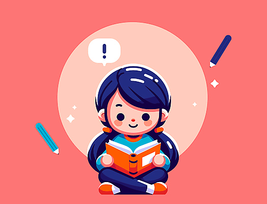 여자 교육 어린이 말풍선 일러스트 한명 들기 소녀 책 빨간색 반짝임 독서 연필 느낌표 소녀한명만 국내일러스트 AI파일 1 기호 컬러 모션 학용품 사람 필기구 여자한명만 소녀만 파일형식 벡터