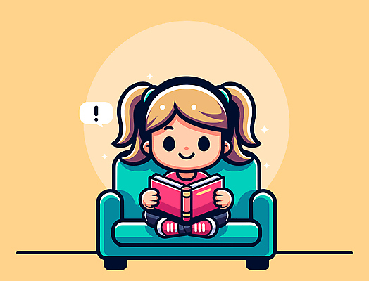전신 여자 교육 어린이 말풍선 일러스트 한명 들기 소녀 책 소파 독서 노란색 느낌표 집중 소녀한명만 국내일러스트 AI파일 1 기호 컬러 컨셉 의자 모션 사람 여자한명만 소녀만 파일형식 벡터
