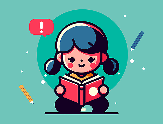 전신 여자 교육 어린이 말풍선 일러스트 한명 들기 소녀 책 반짝임 독서 느낌표 청록색 소녀한명만 국내일러스트 AI파일 1 기호 컬러 모션 사람 여자한명만 소녀만 파일형식 벡터