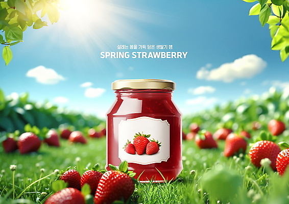 PSD 구름 편집이미지 잎 밭 하늘 딸기 유리병 사람없음 햇빛 봄 딸기잼 이미지편집 자연요소 식물 계절 농업 과일 병_용기 태양 잼 파일형식