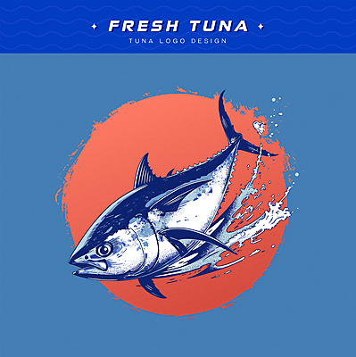 한마리 파도 일러스트 사람없음 파란색 요식업 물방울 참치 심볼 해산물 횟집 국내일러스트 AI파일 1 산업 바다 컬러 어류 식당 파일형식 벡터