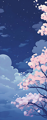JPG 구름 꽃잎 백그라운드 야경 일러스트 자연 밤하늘 사람없음 파란색 봄 나뭇가지 벚나무 국내일러스트 AI일러스트 AI콘텐츠 자연요소 나무 계절 꽃 컬러 하늘 벚꽃 야간 생태계 파일형식 풍경_경치