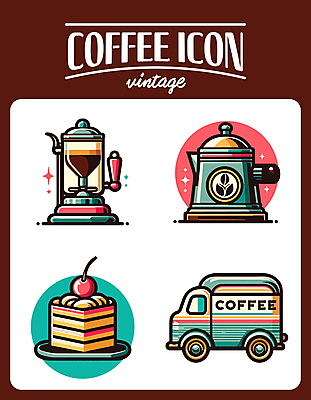 아이콘 커피 자동차 주전자 사람없음 케이크 빈티지 커피잔 커피메이커 라인아트 2D아이콘 AI파일 음료 선 육상교통 컨셉 주방용품 디저트 잔 커피용품 파일형식 벡터