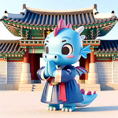 JPG 편집이미지 한국문화 한옥 3D캐릭터 사람없음 야외 3D 용띠 한복 디지털합성 손모으기 편집소스 2024년 청룡캐릭터 편집3D AI컴퓨터그래픽 AI콘텐츠 캐릭터 동양문화 한국전통 고건축 한국 손짓 십이지신 용 전통의상 연도 용캐릭터 청룡 파일형식