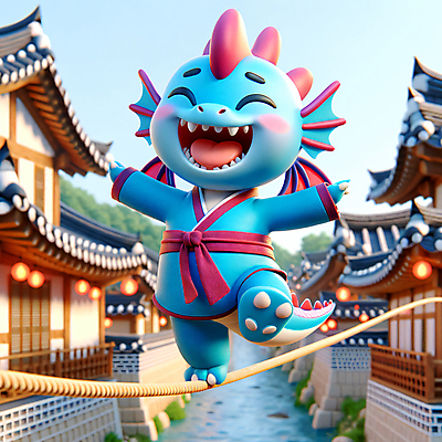 JPG 편집이미지 한국문화 한옥 3D캐릭터 사람없음 야외 3D 손들기 용띠 한복 디지털합성 즐거움 줄타기 편집소스 2024년 청룡캐릭터 편집3D AI컴퓨터그래픽 AI콘텐츠 캐릭터 동양문화 한국전통 감정 고건축 모션 한국 십이지신 용 묘기 전통의상 연도 용캐릭터 청룡 파일형식