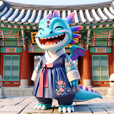 JPG 편집이미지 한국문화 한옥 3D캐릭터 사람없음 야외 3D 용띠 한복 디지털합성 즐거움 편집소스 2024년 청룡캐릭터 편집3D AI컴퓨터그래픽 AI콘텐츠 캐릭터 동양문화 한국전통 감정 고건축 한국 십이지신 용 전통의상 연도 용캐릭터 청룡 파일형식