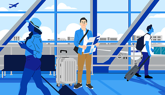 전신 여자 남자 해외여행 여행 지도 일러스트 휴가 비행기 들기 성인 세명 스마트폰 여행객 캐리어 계획 공항 성인만 국내일러스트 AI파일 해외 컨셉 항공교통 교통시설 모션 대중교통 사람 핸드폰 스마트기기 여행가방 파일형식 벡터