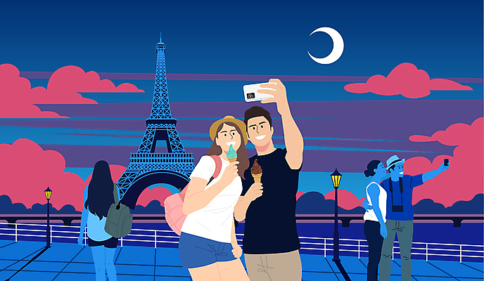 전신 여자 남자 해외여행 여행 일러스트 휴가 아이스크림 들기 여러명 성인 스마트폰 에펠탑 셀프카메라 파리_프랑스 성인만 국내일러스트 AI파일 해외 다수 모션 디저트 사람 핸드폰 스마트기기 사진촬영 프랑스 파리 랜드마크 파일형식 벡터