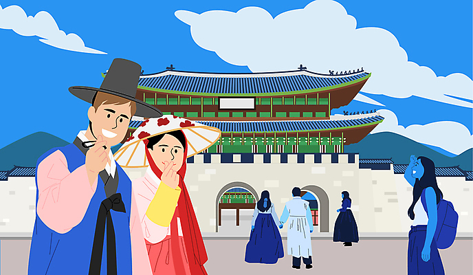 전신 커플 여자 남자 여행 일러스트 휴가 여러명 성인 손들기 여행객 한복 경복궁 손하트 광화문 성인만 국내일러스트 AI파일 한국전통 다수 관계 모션 한국 사람 손짓 궁전 전통의상 랜드마크 파일형식 벡터