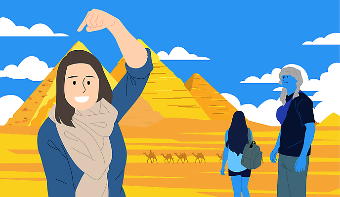 여자 남자 해외여행 여행 일러스트 휴가 이집트 성인 세명 여행객 사막 가리킴 정상 셀프카메라 피라미드 낙타 성인만 국내일러스트 AI파일 해외 건축물 포유류 아프리카 사람 손짓 사진촬영 랜드마크 파일형식 벡터