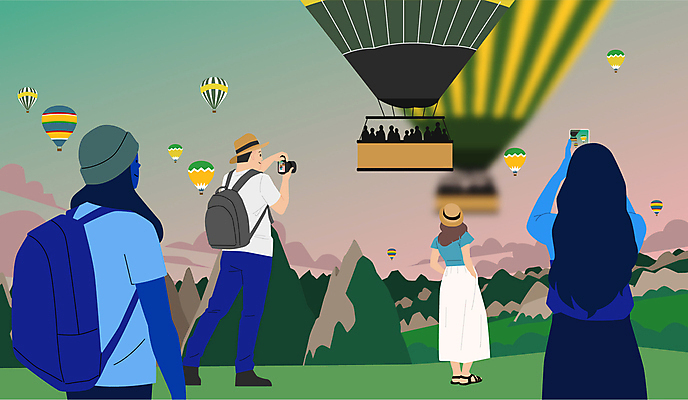 전신 여자 남자 해외여행 여행 일러스트 휴가 들기 여러명 성인 스마트폰 여행객 카메라 사진촬영 열기구 비행 성인만 국내일러스트 AI파일 해외 다수 항공교통 모션 사람 전자제품 핸드폰 스마트기기 촬영 파일형식 벡터