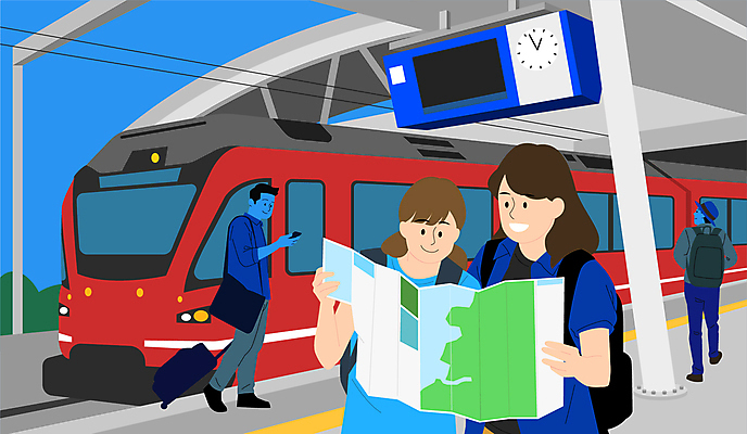 전신 여자 남자 유럽 해외여행 여행 지도 일러스트 휴가 들기 여러명 성인 친구 여행객 기차 플랫폼 기차여행 성인만 국내일러스트 AI파일 해외 나라 육상교통 다수 관계 교통시설 모션 대중교통 사람 파일형식 벡터