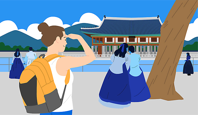 전신 응시 여자 남자 여행 일러스트 휴가 여러명 성인 손들기 여행객 한복 경복궁 경회루 성인만 국내일러스트 AI파일 한국전통 시선 다수 모션 한국 사람 궁전 전통의상 파일형식 벡터