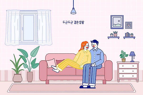 전신 PSD 식물 부부 여자 남자 분홍색 결혼 거실 일러스트 창문 앉기 성인 두명 소파 마주보기 카펫 잠옷 서랍장 성인만 국내일러스트 커플 옷 컬러 가구 의자 모션 사람 이벤트 파일형식