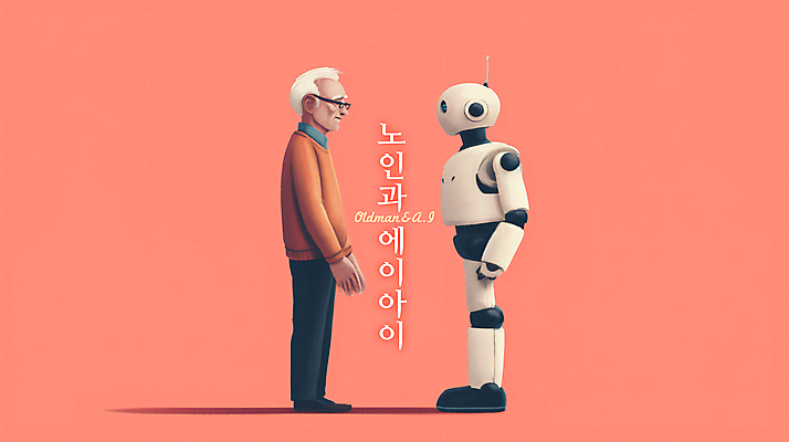 전신 PSD 노년 남자 분홍색 과학 일러스트 협력 대화 한명 서기 마주보기 로봇 디지털합성 소통 노인남자한명만 편집소스 AI_인공지능 국내일러스트 1 컬러 컨셉 모션 말하기 사람 성인 남자한명만 노인남자만 파일형식