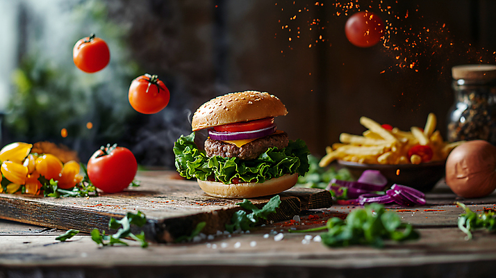 JPG 편집이미지 토마토 패스트푸드 서양음식 사람없음 감자튀김 햄버거 인스턴트 디지털합성 편집소스 맛있는 편집실사 AI포토 AI콘텐츠 음식 채소 감자 튀김 CG 파일형식