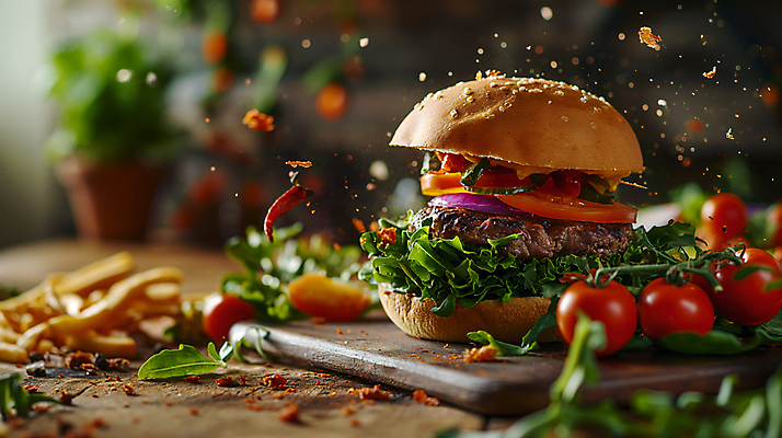 JPG 편집이미지 토마토 패스트푸드 서양음식 사람없음 감자튀김 햄버거 인스턴트 디지털합성 편집소스 맛있는 편집실사 AI포토 AI콘텐츠 음식 채소 감자 튀김 CG 파일형식