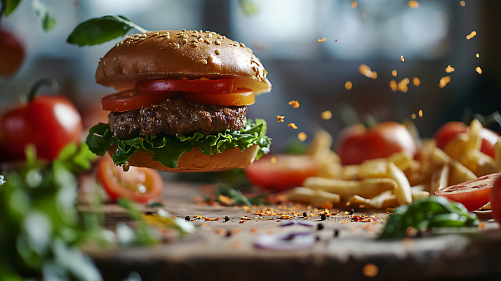 JPG 편집이미지 토마토 패스트푸드 서양음식 사람없음 감자튀김 햄버거 인스턴트 디지털합성 편집소스 맛있는 편집실사 AI포토 AI콘텐츠 음식 채소 감자 튀김 CG 파일형식