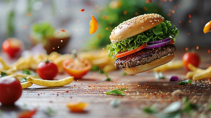 JPG 편집이미지 토마토 패스트푸드 서양음식 사람없음 감자튀김 햄버거 인스턴트 디지털합성 편집소스 맛있는 편집실사 AI포토 AI콘텐츠 음식 채소 감자 튀김 CG 파일형식