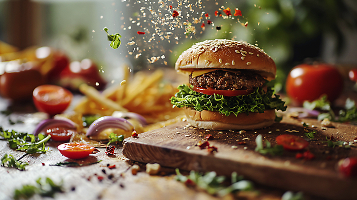 JPG 편집이미지 토마토 패스트푸드 서양음식 사람없음 감자튀김 햄버거 인스턴트 디지털합성 편집소스 맛있는 편집실사 AI포토 AI콘텐츠 음식 채소 감자 튀김 CG 파일형식