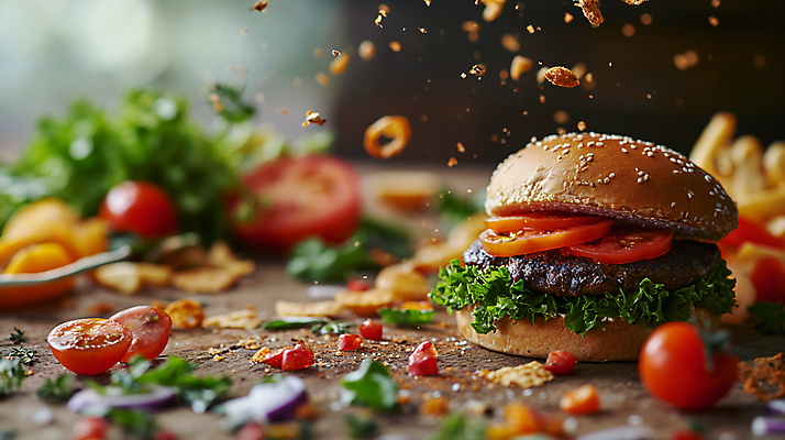 JPG 편집이미지 토마토 패스트푸드 서양음식 사람없음 감자튀김 햄버거 인스턴트 디지털합성 편집소스 맛있는 편집실사 AI포토 AI콘텐츠 음식 채소 감자 튀김 CG 파일형식