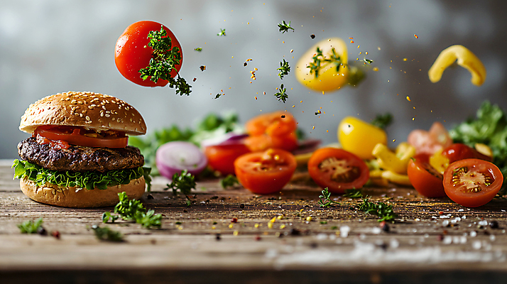 JPG 편집이미지 토마토 패스트푸드 서양음식 사람없음 감자튀김 햄버거 인스턴트 디지털합성 편집소스 맛있는 편집실사 AI포토 AI콘텐츠 음식 채소 감자 튀김 CG 파일형식