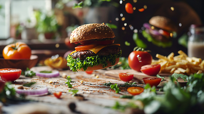 JPG 편집이미지 토마토 패스트푸드 서양음식 사람없음 감자튀김 햄버거 인스턴트 디지털합성 편집소스 맛있는 편집실사 AI포토 AI콘텐츠 음식 채소 감자 튀김 CG 파일형식