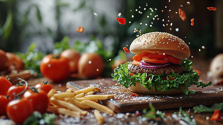 JPG 편집이미지 토마토 패스트푸드 서양음식 사람없음 감자튀김 햄버거 인스턴트 디지털합성 편집소스 맛있는 편집실사 AI포토 AI콘텐츠 음식 채소 감자 튀김 CG 파일형식