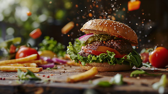 JPG 편집이미지 토마토 패스트푸드 서양음식 사람없음 감자튀김 햄버거 인스턴트 디지털합성 편집소스 맛있는 편집실사 AI포토 AI콘텐츠 음식 채소 감자 튀김 CG 파일형식