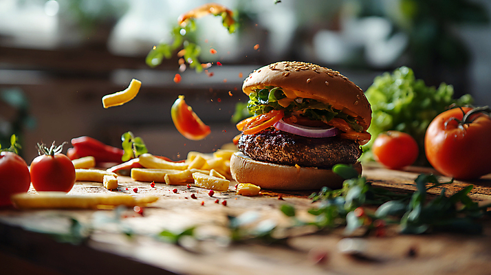 JPG 편집이미지 토마토 패스트푸드 서양음식 사람없음 감자튀김 햄버거 인스턴트 디지털합성 편집소스 맛있는 편집실사 AI포토 AI콘텐츠 음식 채소 감자 튀김 CG 파일형식