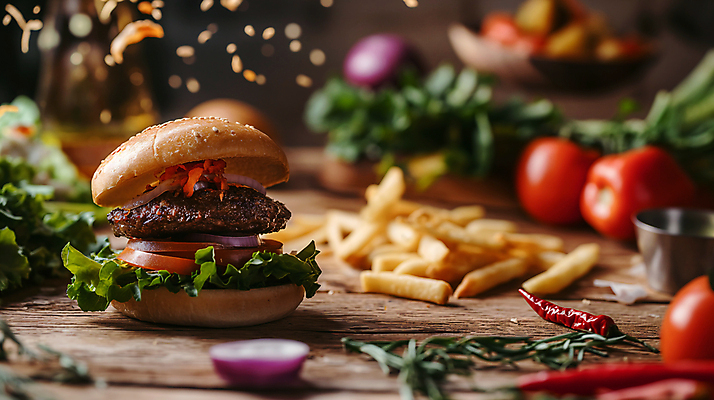 JPG 편집이미지 토마토 패스트푸드 서양음식 사람없음 감자튀김 햄버거 인스턴트 디지털합성 편집소스 맛있는 편집실사 AI포토 AI콘텐츠 음식 채소 감자 튀김 CG 파일형식