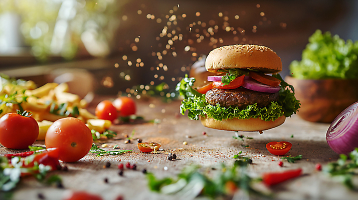 JPG 편집이미지 토마토 패스트푸드 서양음식 사람없음 감자튀김 햄버거 인스턴트 디지털합성 편집소스 맛있는 편집실사 AI포토 AI콘텐츠 음식 채소 감자 튀김 CG 파일형식