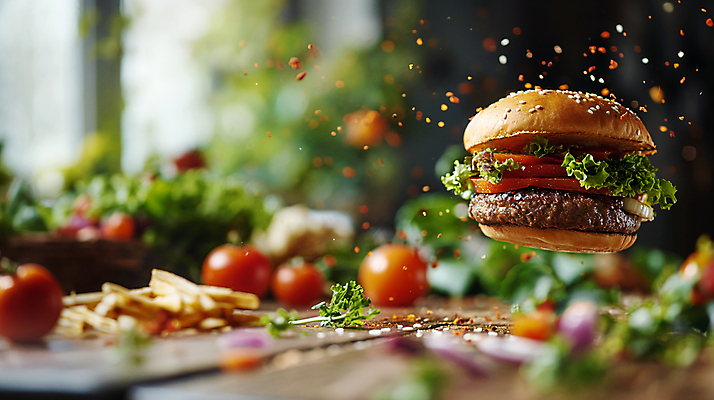 JPG 편집이미지 토마토 패스트푸드 서양음식 사람없음 감자튀김 햄버거 인스턴트 디지털합성 편집소스 맛있는 편집실사 AI포토 AI콘텐츠 음식 채소 감자 튀김 CG 파일형식