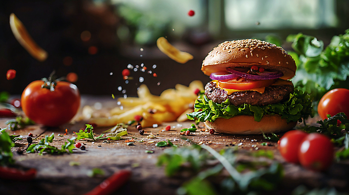 JPG 편집이미지 토마토 패스트푸드 서양음식 사람없음 감자튀김 햄버거 인스턴트 디지털합성 편집소스 맛있는 편집실사 AI포토 AI콘텐츠 음식 채소 감자 튀김 CG 파일형식