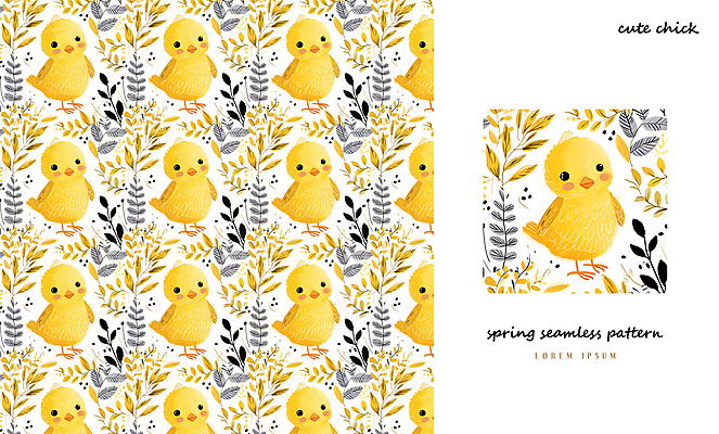 PSD 패턴 일러스트 나뭇잎 병아리 사람없음 노란색 봄 패턴백그라운드 아기자기 국내일러스트 계절 컬러 백그라운드 컨셉 잎 무늬 조류 파일형식