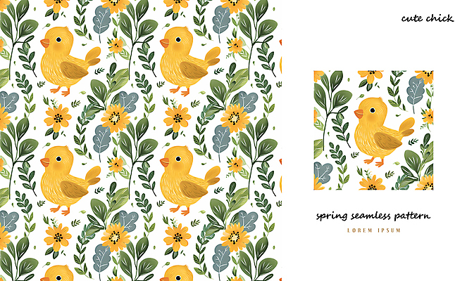 PSD 패턴 일러스트 나뭇잎 병아리 사람없음 노란색 봄 패턴백그라운드 아기자기 국내일러스트 계절 컬러 백그라운드 컨셉 잎 무늬 조류 파일형식