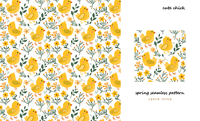 PSD 패턴 일러스트 나뭇잎 병아리 사람없음 노란색 봄 패턴백그라운드 아기자기 국내일러스트 계절 컬러 백그라운드 컨셉 잎 무늬 조류 파일형식