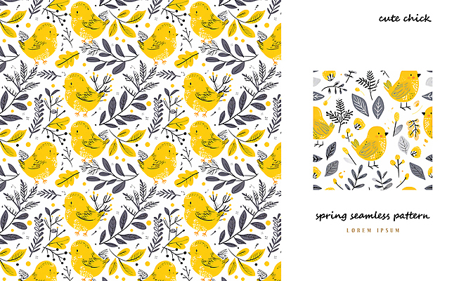 PSD 패턴 일러스트 나뭇잎 병아리 사람없음 노란색 봄 패턴백그라운드 아기자기 국내일러스트 계절 컬러 백그라운드 컨셉 잎 무늬 조류 파일형식