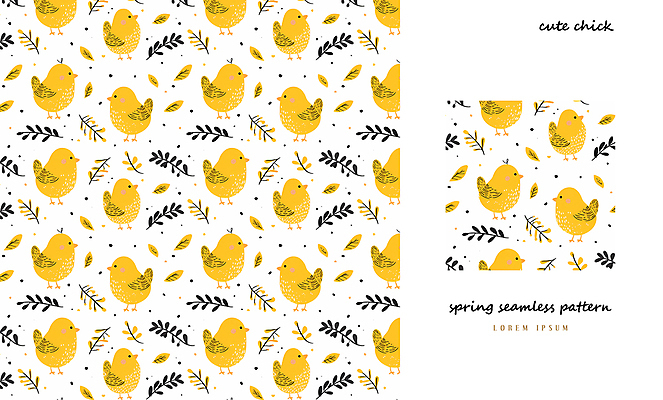 PSD 패턴 일러스트 나뭇잎 병아리 사람없음 노란색 봄 패턴백그라운드 아기자기 국내일러스트 계절 컬러 백그라운드 컨셉 잎 무늬 조류 파일형식