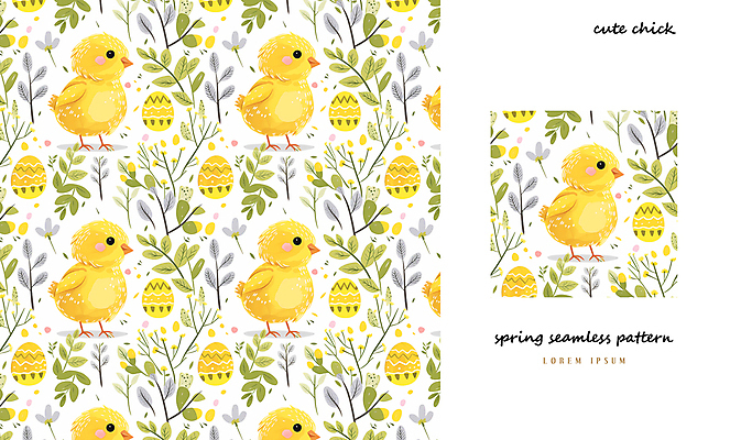 PSD 패턴 일러스트 나뭇잎 병아리 사람없음 노란색 계란 봄 패턴백그라운드 아기자기 국내일러스트 계절 컬러 백그라운드 컨셉 잎 무늬 조류 알 파일형식