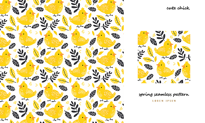 PSD 패턴 일러스트 나뭇잎 병아리 사람없음 노란색 봄 패턴백그라운드 아기자기 국내일러스트 계절 컬러 백그라운드 컨셉 잎 무늬 조류 파일형식