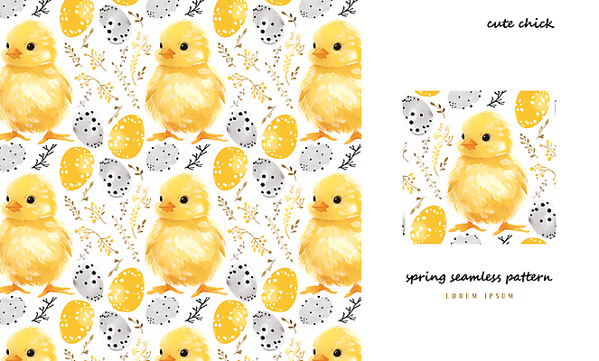 PSD 패턴 일러스트 나뭇잎 병아리 사람없음 노란색 계란 봄 패턴백그라운드 아기자기 국내일러스트 계절 컬러 백그라운드 컨셉 잎 무늬 조류 알 파일형식