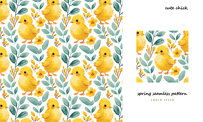PSD 패턴 일러스트 나뭇잎 병아리 사람없음 노란색 봄 패턴백그라운드 아기자기 국내일러스트 계절 컬러 백그라운드 컨셉 잎 무늬 조류 파일형식