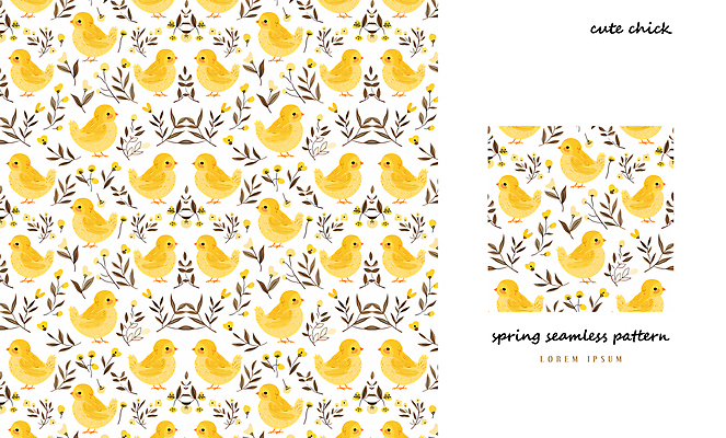 PSD 패턴 일러스트 나뭇잎 병아리 사람없음 노란색 봄 패턴백그라운드 아기자기 국내일러스트 계절 컬러 백그라운드 컨셉 잎 무늬 조류 파일형식