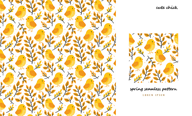 PSD 패턴 일러스트 나뭇잎 병아리 사람없음 노란색 봄 패턴백그라운드 아기자기 국내일러스트 계절 컬러 백그라운드 컨셉 잎 무늬 조류 파일형식