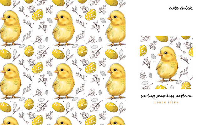 PSD 패턴 일러스트 나뭇잎 병아리 사람없음 노란색 계란 봄 패턴백그라운드 아기자기 국내일러스트 계절 컬러 백그라운드 컨셉 잎 무늬 조류 알 파일형식